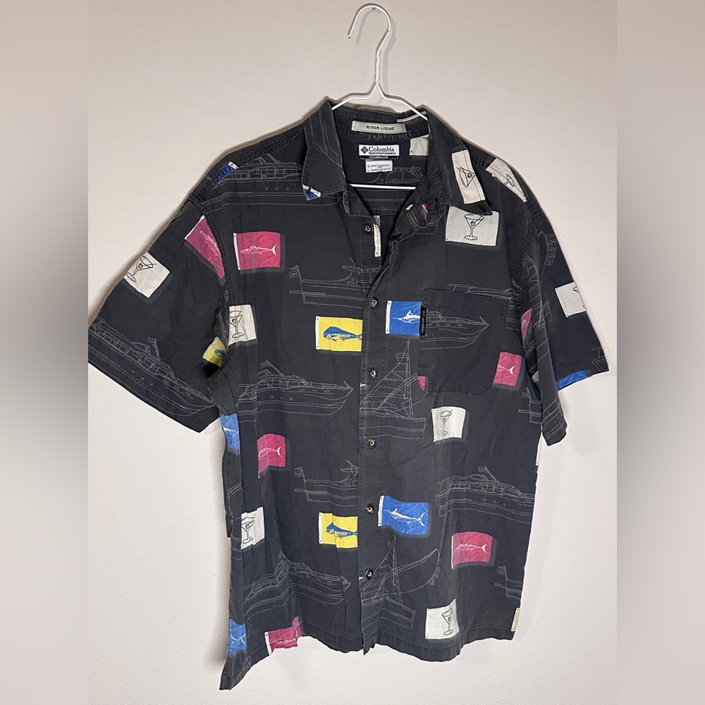 Columbia Black Graphic Men's Shirt Vintage Fishing Shirt Large 100% cotton